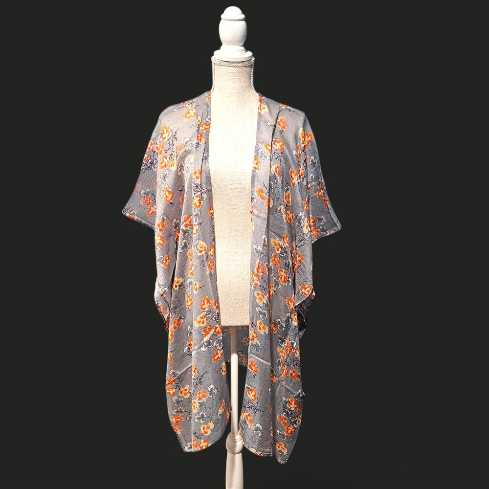 Raj Gray and Orange Floral Kimono